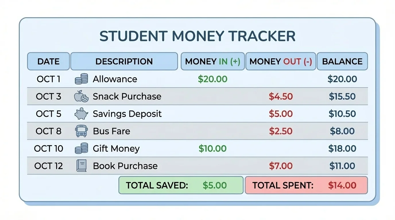 chart showing a simple student money tracker with columns for date, description, money in, money out, and balance; sample rows include allowance, snack purchase, and savings deposit