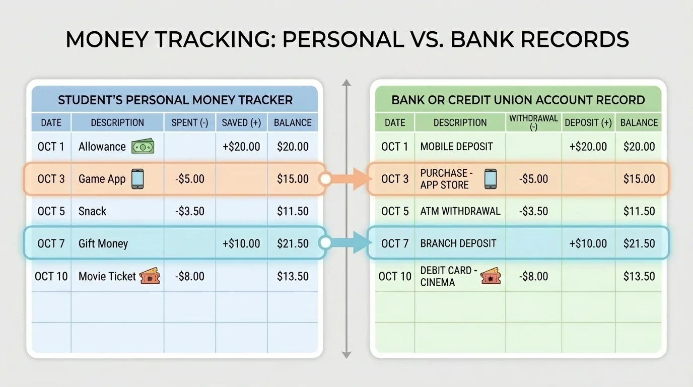 chart comparing a student's personal money tracker and a bank or credit union account record with matching deposits and withdrawals highlighted
