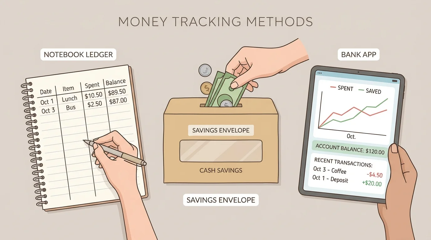 illustration showing a student using three money-tracking methods: a notebook ledger, labeled savings envelope, and tablet displaying a bank app