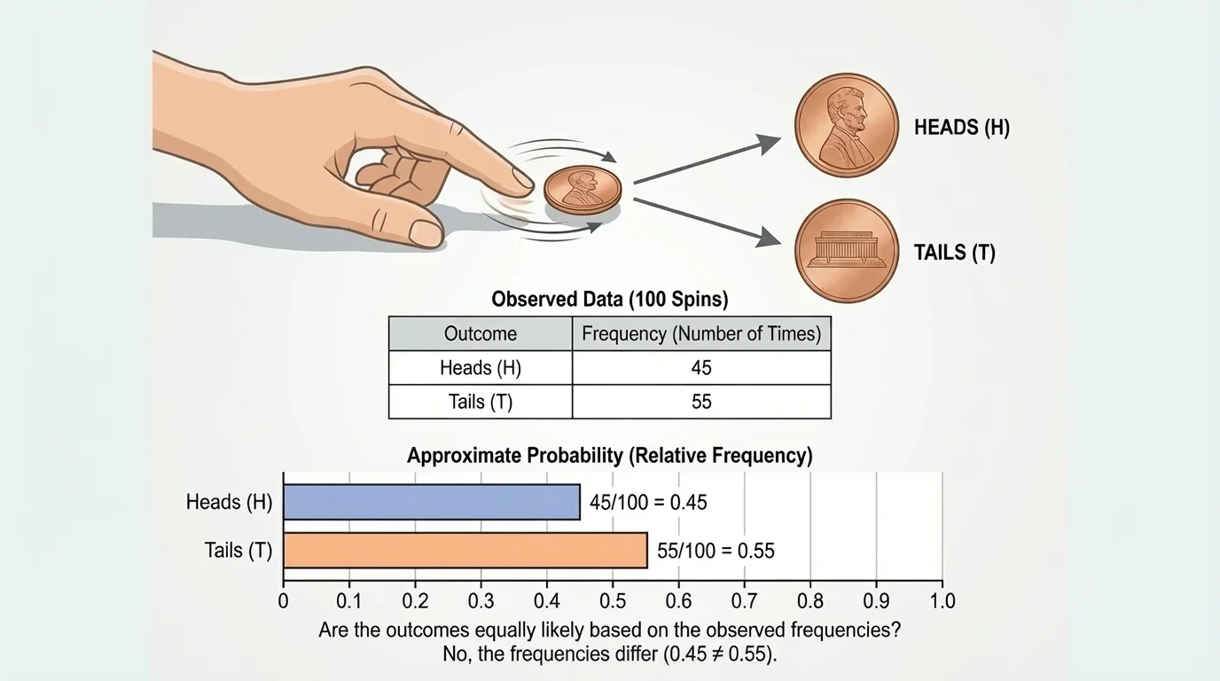 illustration of a spinning penny experiment with a results table and two bars for heads and tails