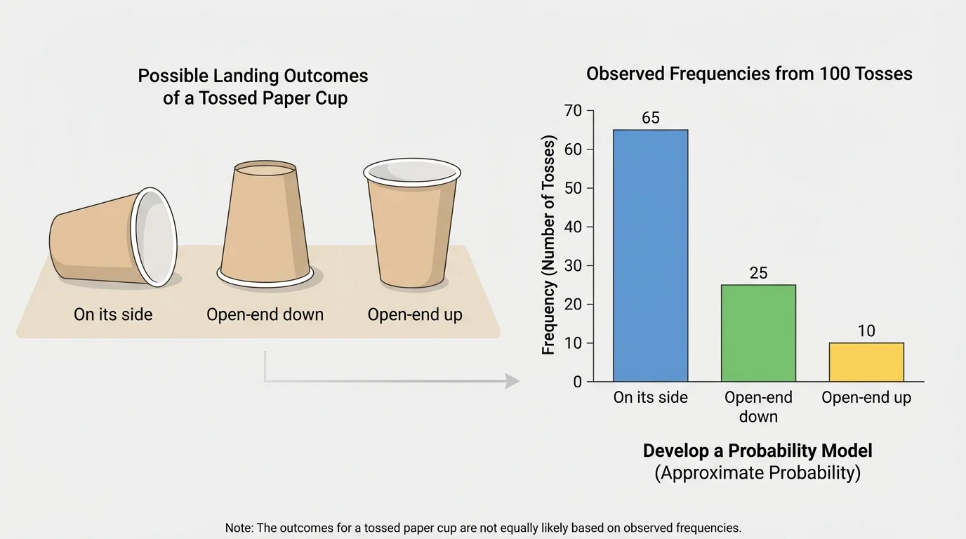 illustration of a paper cup with three possible landing outcomes and a bar chart showing different frequencies