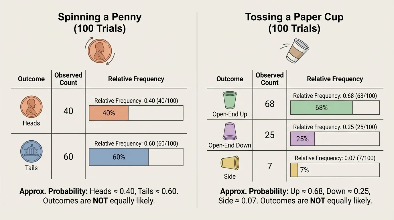 chart showing repeated trials of a chance process with counts for outcomes and matching relative-frequency bars