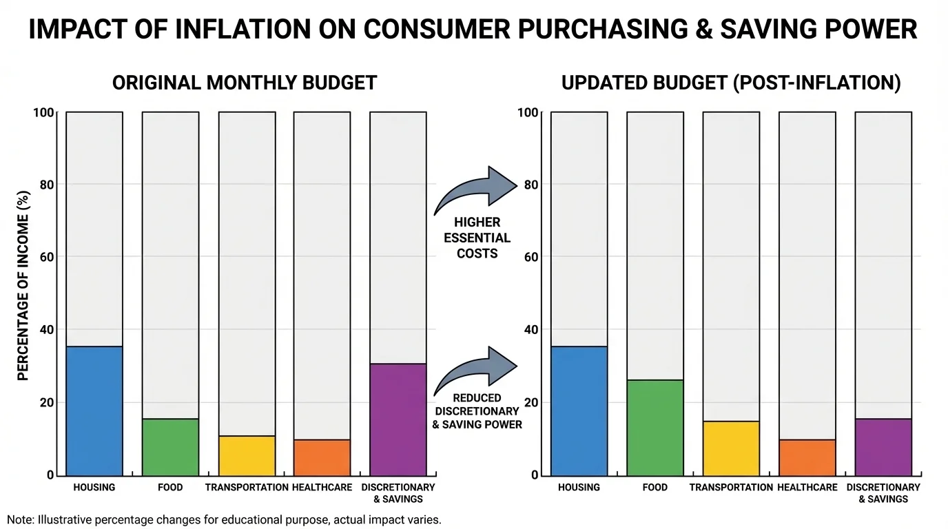 chart comparing an original monthly budget with an updated budget showing higher food and transportation costs and reduced discretionary spending