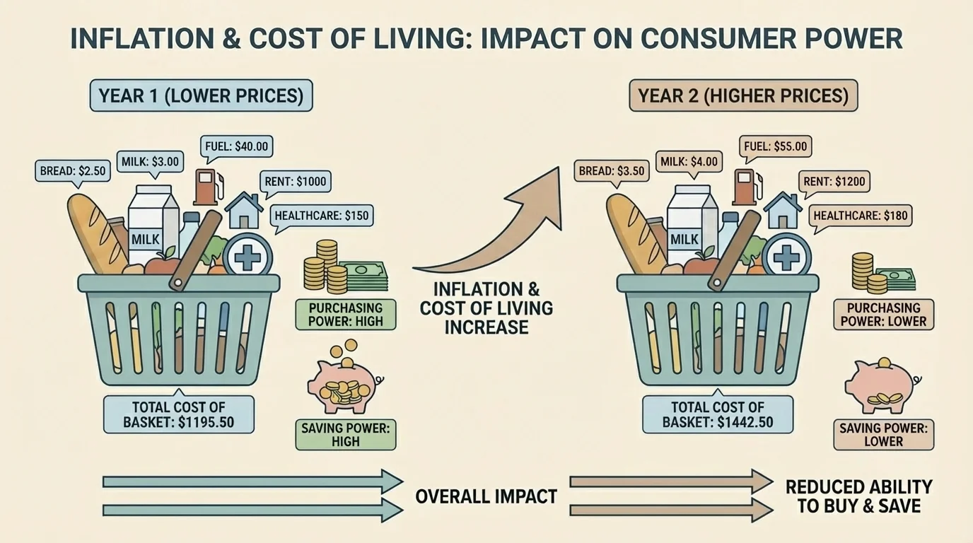 chart showing a basket of goods with prices in Year 1 and Year 2 and arrows indicating overall price increase