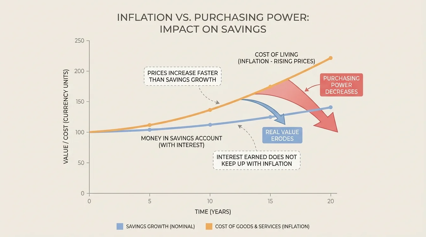 graph with two lines over time, one for money in a savings account and one for rising prices, showing inflation outpacing interest