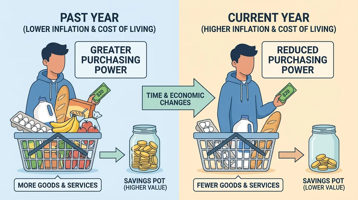 illustration of a student holding the same $20 bill in two different years, buying more items in one year and fewer in the later year