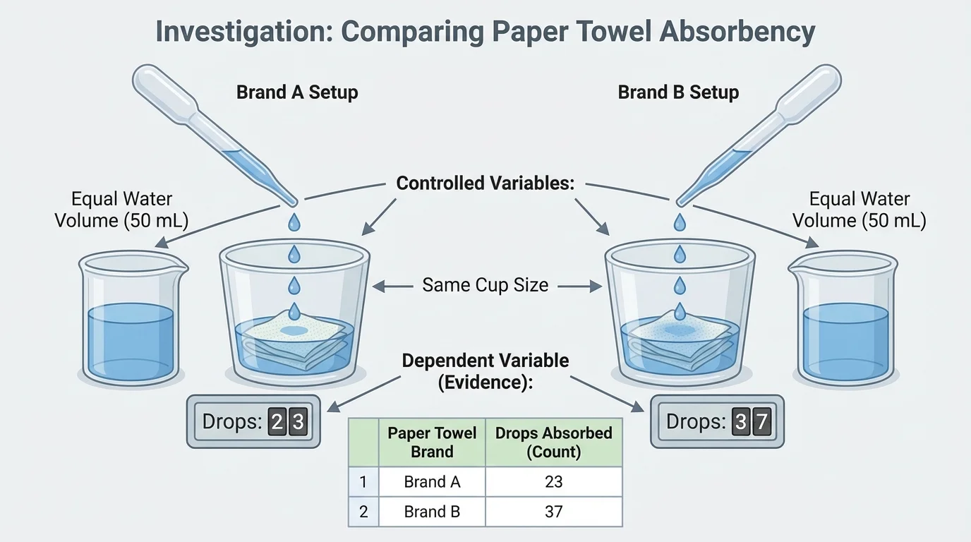 Illustration of two paper towel brands tested with equal water amounts, same cup size, and drops being counted