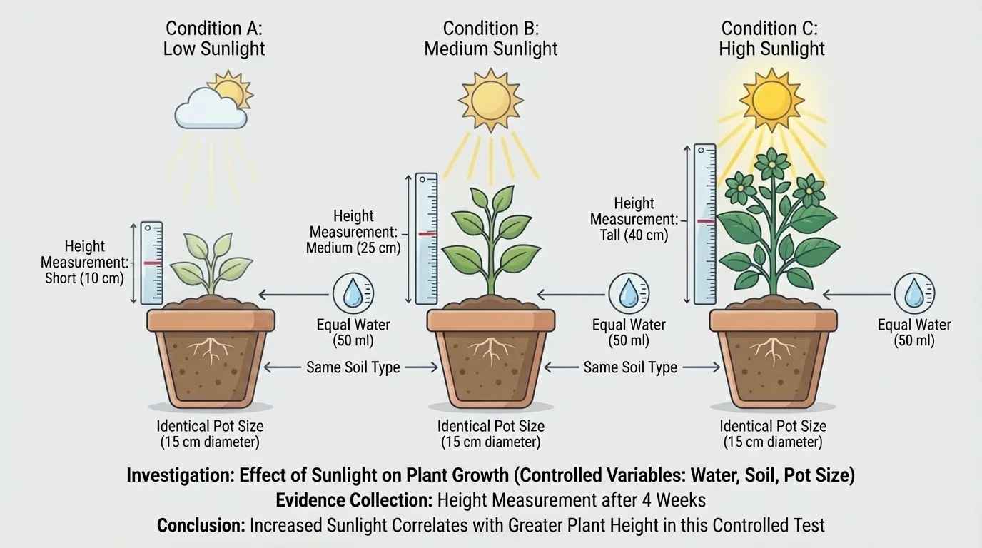 Diagram showing a plant growth test with sunlight changed, height measured, and same water, soil, and pot size controlled