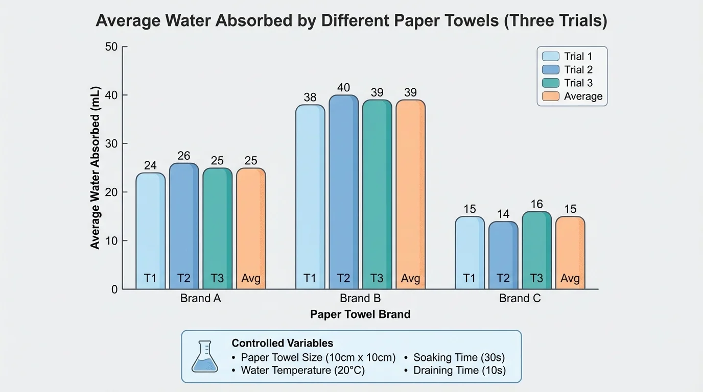 Chart showing average water absorbed by different paper towels across three trials