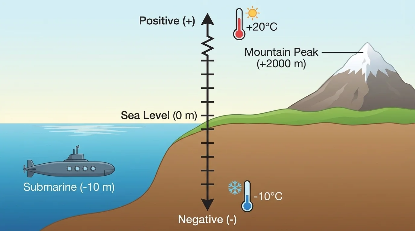 Vertical scale labeled above and below zero with sea level, basement parking, mountain height, and temperatures below zero