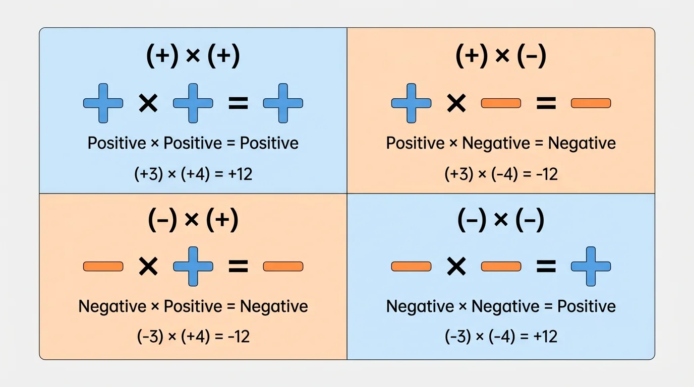 Four-square sign chart showing positive times positive, positive times negative, negative times positive, and negative times negative with simple examples