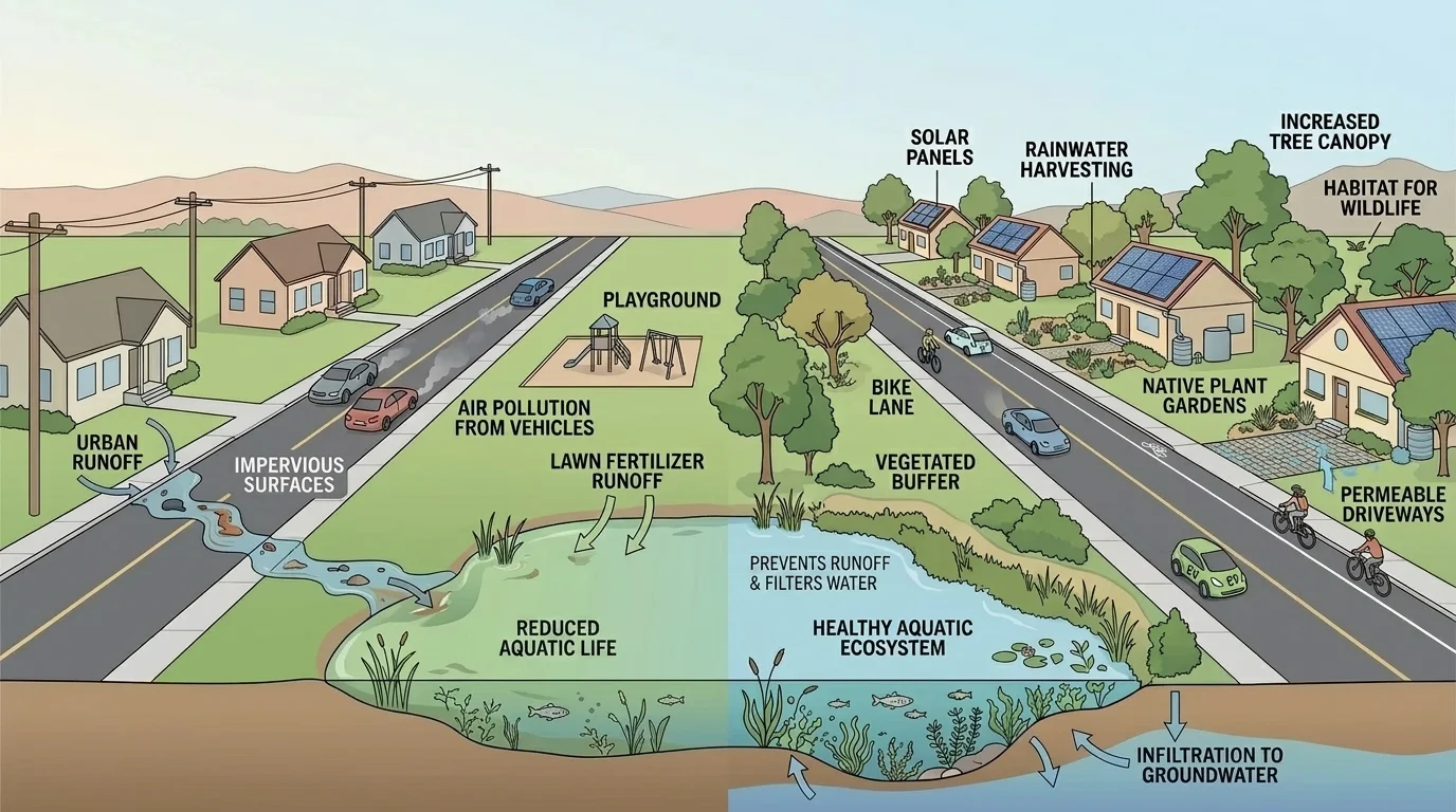 Illustration of a neighborhood with homes, road, cars, playground, trees, and nearby pond, showing ways people change the environment.