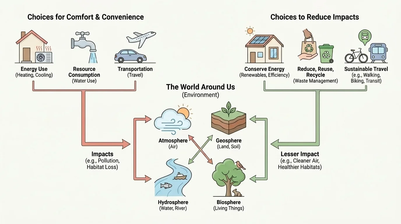 Diagram with land, water, air, and living things connected by arrows, including soil, river, sky, tree, bird, and fish.