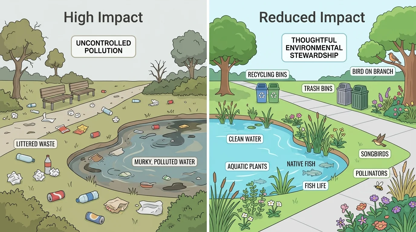 Illustration comparing a messy park and pond with litter to a clean park with trash bins, plants, birds, and fish.