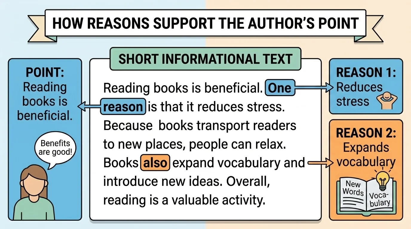 short informational paragraph with words like because, one reason, and also highlighted in color