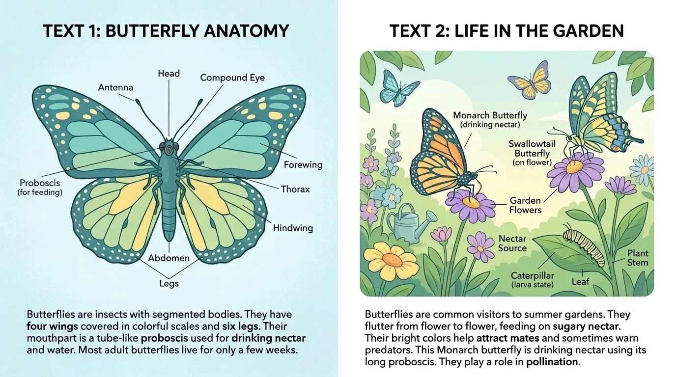Two informational pages about butterflies, one with a labeled close-up drawing and one with a garden scene showing butterflies drinking nectar.