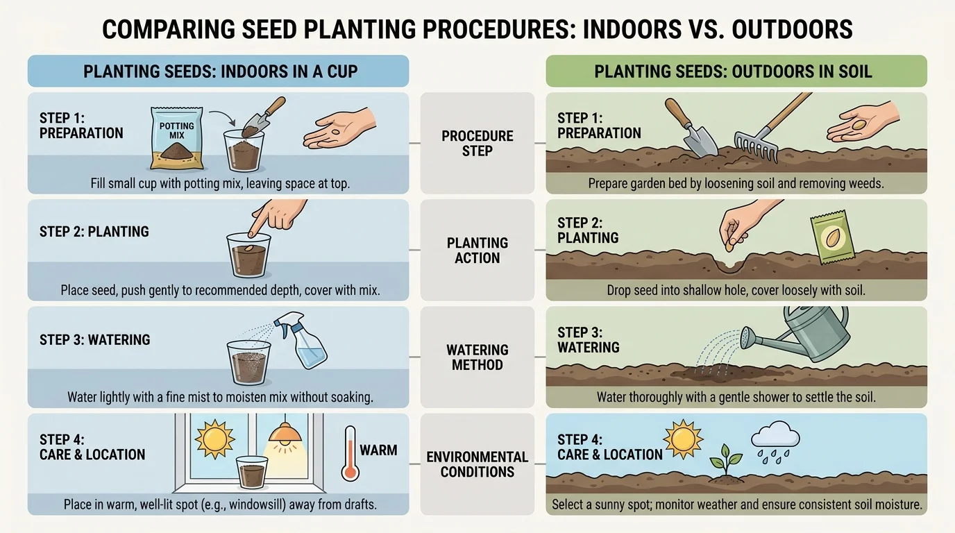 Side-by-side chart of two seed-planting procedures, one using a cup indoors and one planting outside in soil, with short labeled steps.