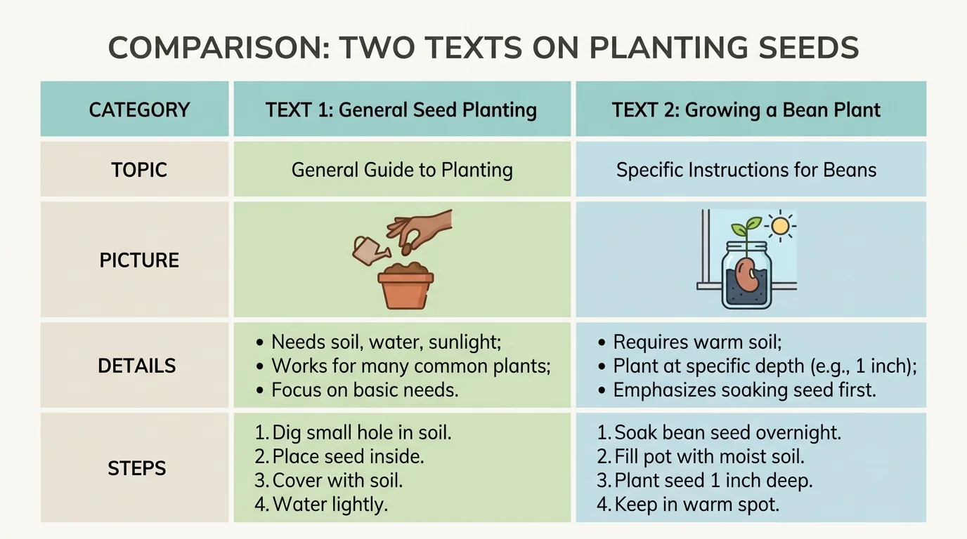 Comparison chart for two short texts about planting seeds with rows for topic, picture, details, and steps.
