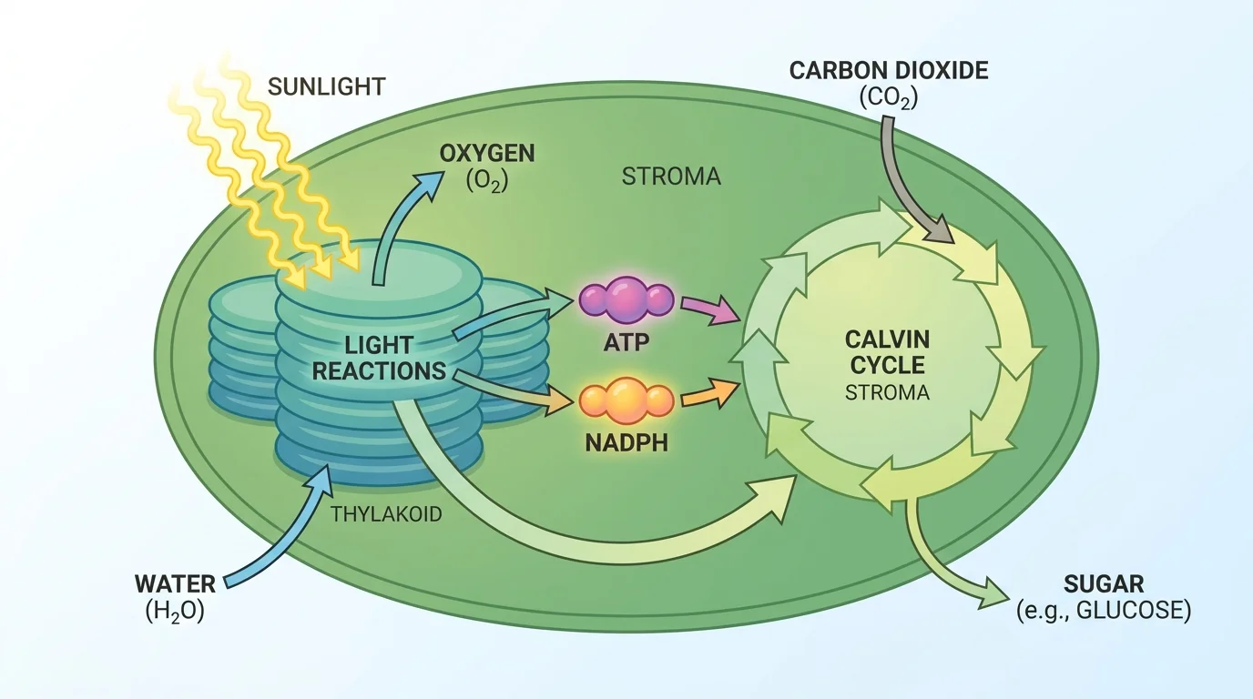 Flowchart showing light reactions in thylakoids using light and water to make oxygen, ATP, and NADPH, then Calvin cycle in stroma using carbon dioxide to build sugar