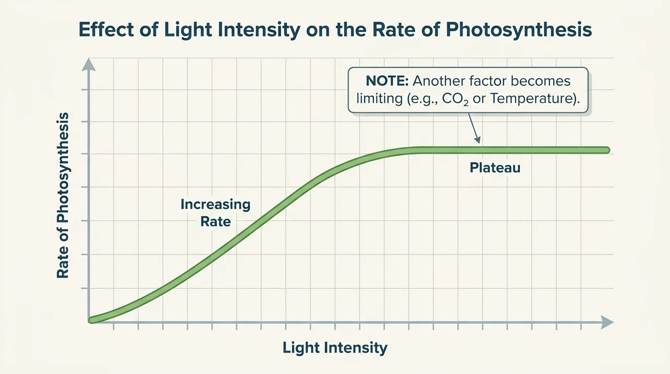 Graph showing rate of photosynthesis increasing with light intensity and then leveling off, with a note that another factor becomes limiting