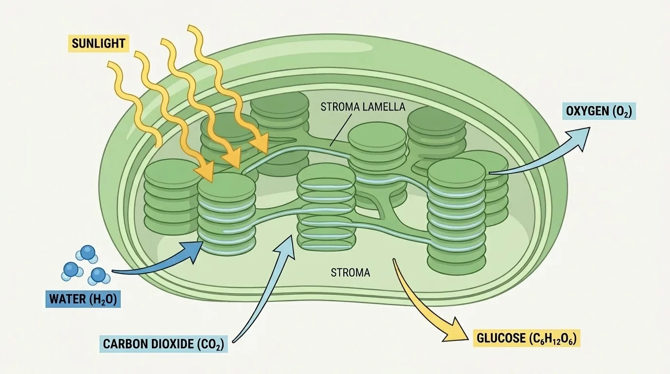 Labeled chloroplast with thylakoids and stroma, sunlight entering, water and carbon dioxide moving in, glucose and oxygen moving out
