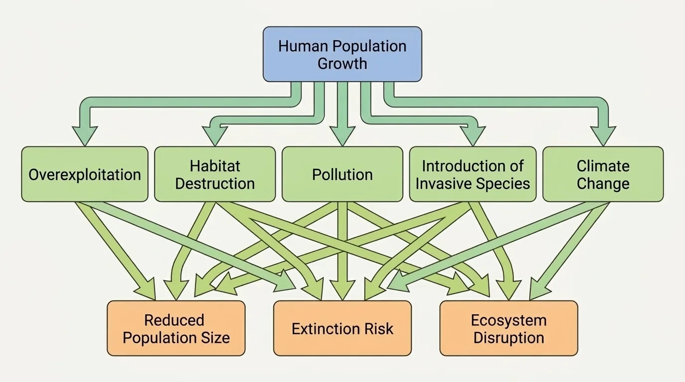 flowchart linking human population growth, overexploitation, habitat destruction, pollution, invasive species, and climate change to reduced population size, extinction risk, and ecosystem disruption