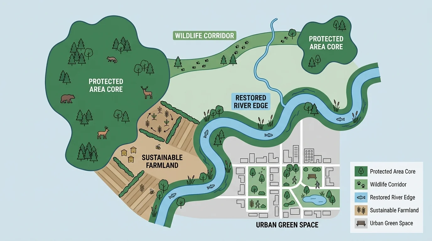 map showing protected area core, wildlife corridor, restored river edge, nearby sustainable farmland, and urban green space