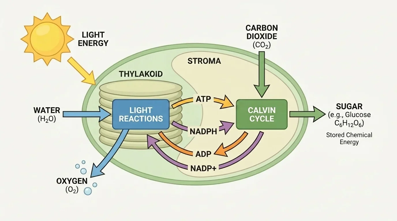Flowchart showing light reactions in thylakoid producing oxygen, ATP, and NADPH, followed by Calvin cycle in stroma using carbon dioxide to build sugar