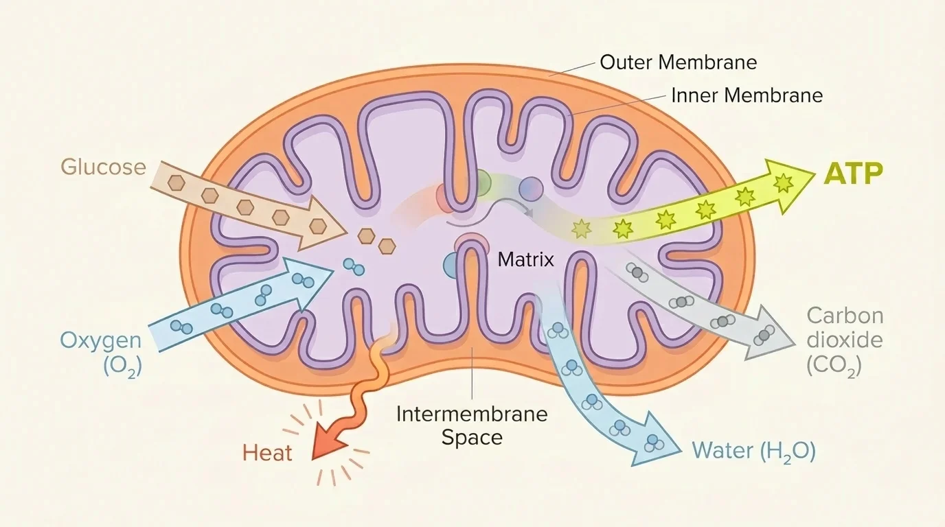 Mitochondrion with arrows showing glucose and oxygen entering and ATP, carbon dioxide, water, and heat leaving